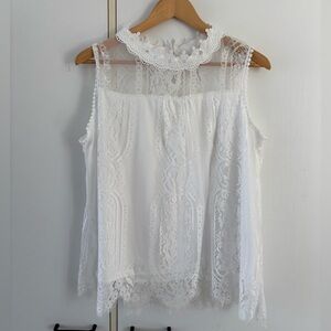 Women XL White Lace Blouse romantic Wedding Coquette Feminine Old Money Neck tie